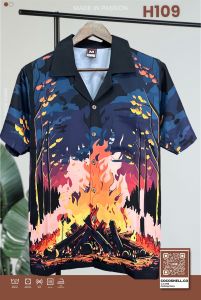 Cocoshell พร้อมส่งจากไทย เสื้อฮาวาย ผ้าไหมอิตาลี ไม่ยับไม่ร้อนไม่ต้องรีด ลายภูเขาไฟ แบบต่อลาย H109