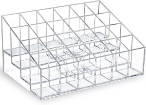MOSIKER Lipstick Organizer Clear Plastic Lip Gloss Holder with 24 Slots    Small vanity storage for balm mascara perfume samples essential oil rollerball bottles and  beauty tubes
