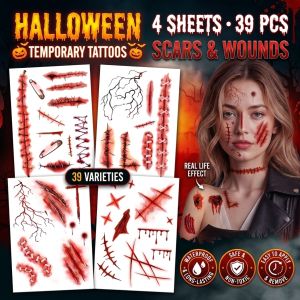 Halloween Scar Tattoo Sticker Realistic Fake Wound Stitches Crack Temporary Tattoo for Cosplay Party Makeup Costume Body Art and Horror Props