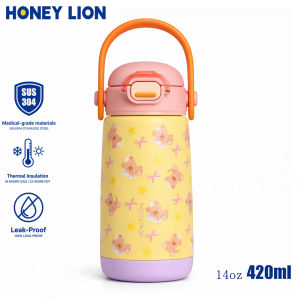 HoneyLion - Kids Safe Thermos with Pressure Release Button | Aesthetic 410ML Anti-Scald Design | 304 Stainless Steel for School Camping Travel