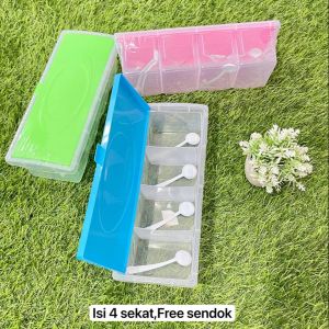 Tempat Bumbu Dapur Panjang 4 Sekat FREE Sendok / Kotak Wadah Penyimpanan Gula Garam Micin Lada Seasoning Box 4in1 Serbaguna