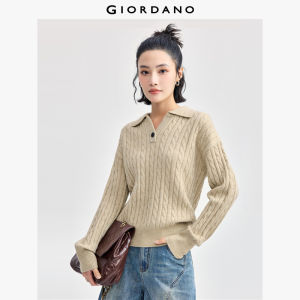 Giordano Women V-neck collar cable knit sweater Free Shipping 18353908