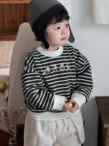 Baby clothes 2025 Autumn and winter childrens clothing Korean style boys striped thickened sweatshirt and pants set