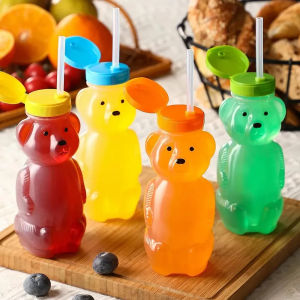 Baby Straw Cup Bear Juice Bottle: Reusable Kids Cartoon Party Cups with Lid & Straw