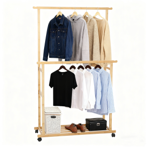 Rolling Clothes Hanging Stand Rack Double-Rod Wooden Garment Stand with Storage Shelf