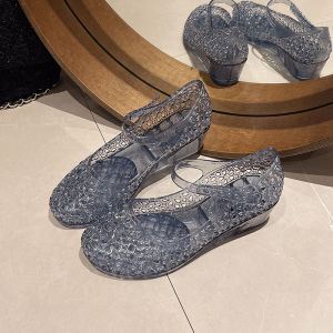 [Free Shipping] Korean Crystal Jelly Sandals Open-Toe Breathable Transparent Casual Chunky Heel Single-Strap High-Heeled Shoes