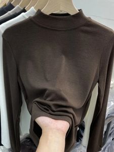 Basic High Quality Pure Cotton White T-shirt for Women Elegant Slim Top Womens Half Turtleneck Long Sleeve T-shirts2026