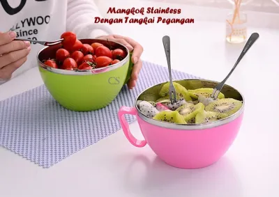 Fresh Bowl Mangkok Korea Stainless Ada Tangkai Pegangan & Tutup Kedap Udara