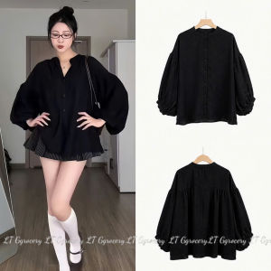 Áo sơ mi kiểu cách điệu retro chất Đũi mềm công sở tay bồng form rộng cổ trụ thanh lịch