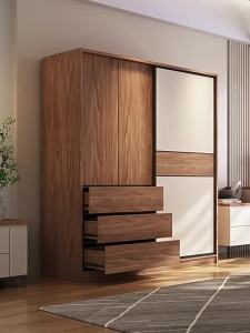 Nordic Walnut Sliding Door Wardrobe for Home Bedrooms - Compact Space Sliding Door Cabinet - Modern Minimalist Sliding Door Closet