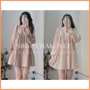 Áo sơ mi nữ dài tay oversize A.8206 Thiết kế kiểu cổ tròn tay phồng dáng babydoll