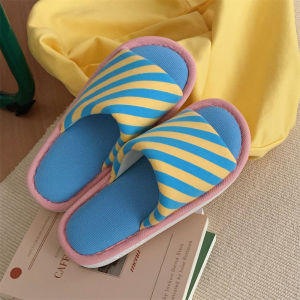 XIXITIAO Sweat-absorbent Breathable Home Student Soft Sole Floor Shoes Comfortable Spring Summer High-end Color-blocking Striped Womens Cotton Slippers