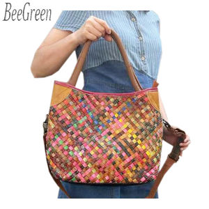 BeeGreen Women Woven Leather Shoulder Bag Multicolor Stripe Handbag High Quality Commuter Bag Versatile Crossbody Bag