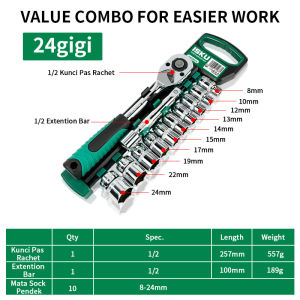 ISKU Kunci Sok Set 12 Pcs Gagang Ratchet 1/2 Inch 24 Gigi Baja CR-V Socket Wrench Perlengkapan Bengkel Otomotif Perbaikan Mobil Motor Kunci Shock Mekanik Heavy Duty Tahan Banting Original