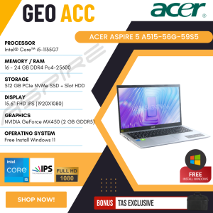 LAPTOP GAMING MURAH - ACER ASPIRE 5 A515-56G-59S5 - CORE I5-1135G7 - RAM 24GB - SSD 512GB + SLOT HDD - NVIDIA GEFORCE MX450 - BACKLIT KEYBOARD - 15.6" IPS FHD - SILVER - GARANSI 1 TAHUN