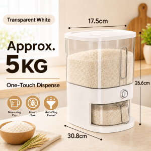 DINEEASY Rice Dispenser 5KG/10KG Airtight Rice Storage Container Push Button Grain Box with Measuring Cup
