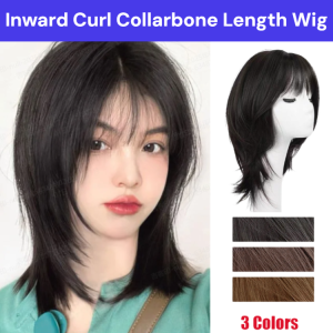 Womens Mid-Length Wigs Inward Curl Collarbone Length Wig Natural Full-Head Wigs Air Bangs Modify Face Shape