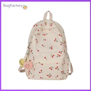 Womens Cherry Pattern Corduroy Backpack Travel Daypack with Multiple Compartments and Zipper Closure for School and Travel