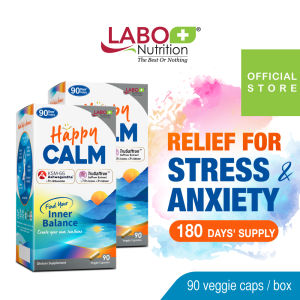 [2 boxes] LABO Nutrition HappyCALM - Reduce Stress & Anxiety Supplement Relax Brain Calm Mood Restful Sleep Relieves Fatigue Energizes Strength & Stamina KSM66 Organic Ashwagandha & Saffron Extract Additive Free • 90 Capsules