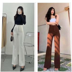 Quần ống loe cạp cao 2 cúc quần vải ống rộng siêu hách dáng tôn vòng 3 phong cách thời trang nhẹ nhàng sang trọng