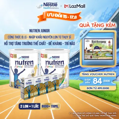 Bộ 2 Sữa Bột Dinh Dưỡng Y Học NESTLÉ NUTREN JUNIOR Xuất Xứ Thụy Sĩ Công Thức BIG Hỗ Trợ Tăng Trưởng Thể ChấtTrí NãoĐề Kháng Cho Bé 800G + 1 Lốc Sữa pha sẵn 110ML/hộp