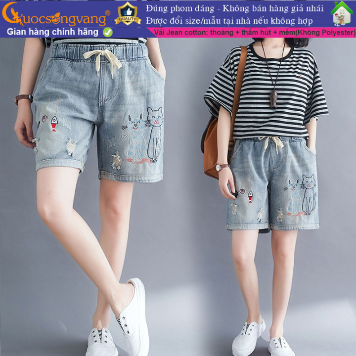 Quần jean lửng nữ họa tiết quần lửng nữ lưng thun thêu GLQ147