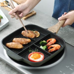 Vision Non-Stick 3 in 1 Breakfast Pan Maifan Stone Breakfast Skillet with Cartoon Pattern Multifunction Square Pan 3 Section Aluminum Frying Divided Pan Kitchen Cookware Suitable All Stove

