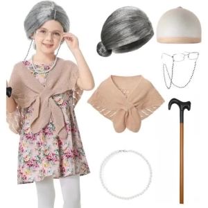 Old Lady Costume for Kids Girls 100th Day of School Costume with Grandma Glasses Necklace Wig Granny Cane2026