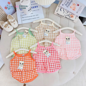 COMBO 35 Bộ Quần Áo 2 Dây Bé Gái Thun Tăm Lạnh Họa Tiết Caro Đồ Bộ Mùa Hè Bé Gái Size 6-16kg
