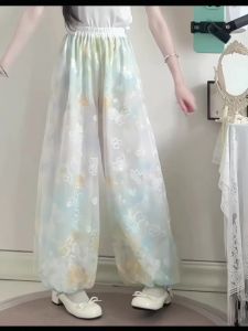 Mori Girl Pastel Floral Chiffon Wide Leg Pants   Elastic Waist Flowy Sheer Boho Vacation Palazzo Trousers For Women