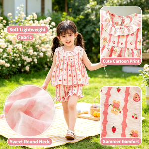 AILEBE Kids Sets Terno Sleeveless Floral Cartoon Top Shorts Set Soft Lightweight Fabric Summer Wear Cute Princess Style OOTD Pambahay For Baby Girls 1-8 Years