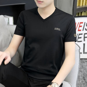 莫代尔冰丝V领短袖t恤男2025新款夏季潮牌潮流帅气简约百搭半袖衫