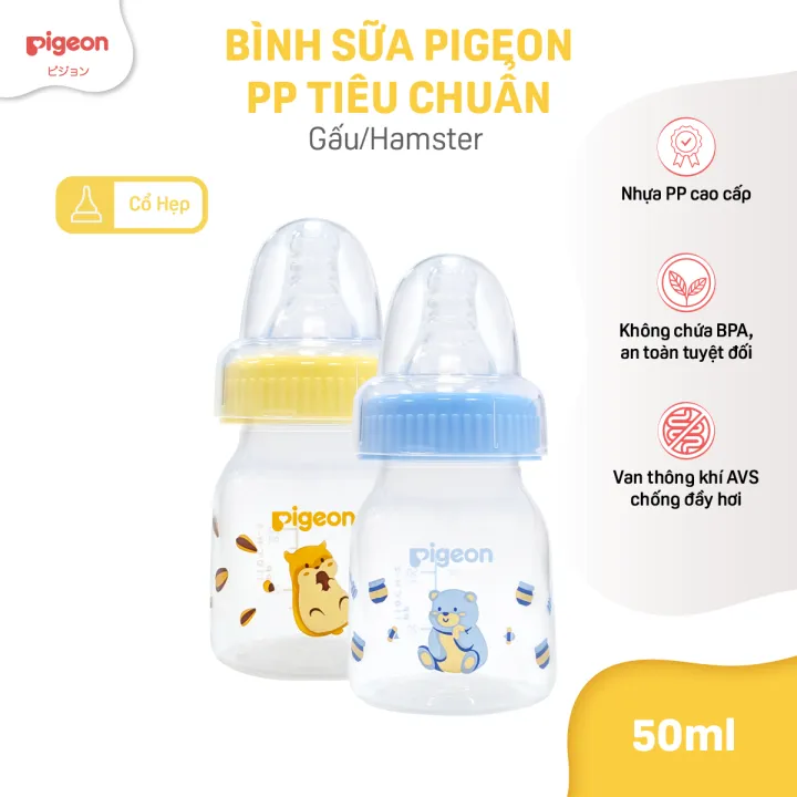 Bình sữa cổ hẹp cho bé sơ sinh PP Pigeon 50ml núm ti siêu mềm chống sặc chống đầy hơi chính hãng