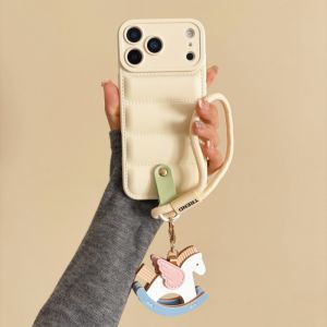 Cartoon Horse Down Jacket Hand Wrist Strap Case for iPhone 17 16 15 Pro Max Air 14 Plus 13 12 11 X Xr Xs Lanyard Soft TPU Cover