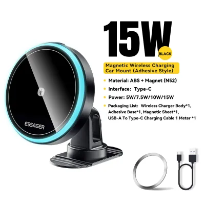 Essager 15W Car Magnetic Wireless Charger ขาตั้งมือถือ RBG สำหรับชาร์จมือถือแบบไร้สาย iphone Samsung