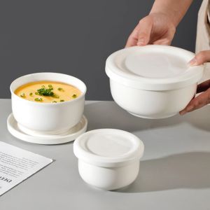 SFFGF with Lid Ceramic Steamed Egg Bowl Heat-resistant Microwave Safe Soup Bowl Household Under-glaze Painting Pudding Bowl Rice