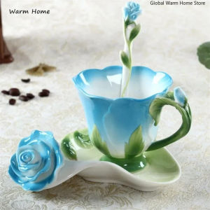 Creative Fashion 3D Rose Shape Flower Enamel Ceramic Tea Cup Saucer Spoon Set Porcelain Elegant Coffee Mug Valentine Day Gift