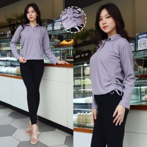EP - Yeona Polo Basic Top Blouse Knit Wanita Premium Lengan Panjang Serut Samping Atasan Korean Style