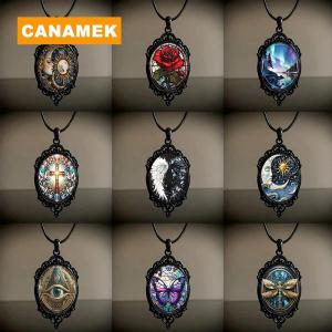 【CANAMEK】 Retro Gothic Moon And Sun Pendant Necklace Women Men Punk Cross Metal Leather Rope Chain Vintage Jewelry Gift