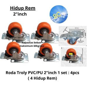 Roda Troli PU PVC Caster orange 2 inch 1 set : 4pcs ( 4 Hidup Rem )