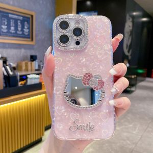 【New】Self-contained Diamond Lens Film 3D Bowknot Diamond Kitty Mirror Pattern IMD Phone Case with Bracelet For iPhone 11 12 13 14 15 16 17 Series