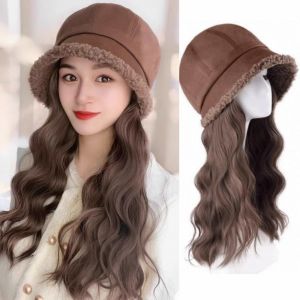 NBANLIKE Mũ xô Mũ beret nhung với tóc giả Mái tóc giả Tổng hợp Mũ ấm mùa đông Thời trang Phong cách Hàn Quốc Tóc dài gợn sóng Phụ nữ