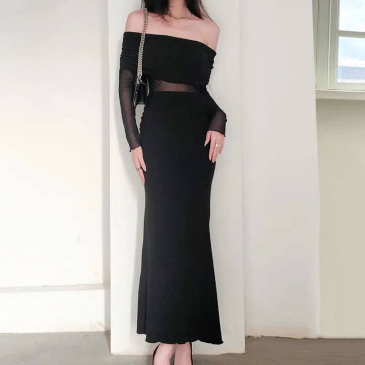 Women's Spring Autumn Evening Dress Black Long Sleeve Off Shoulder Sheer  Mesh Dress Lazada PH