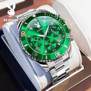 PLAYBOY [แท้ 100%] นาฬิกาผู้ชายใหม่เอี่ยมกีฬาแฟชั่นนาฬิกาควอทซ์กันน้ำมัลติฟังก์ชั่นหน้าปัดส่องสว่างสแตนเลสวัสดุ Hardlex นาฬิการะยะดวงอาทิตย์และดวงจันทร์