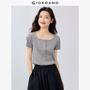 Giordano Women Fake button placket square neck short sleeve tee Free Shipping 05325469
