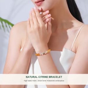 SINLISH Elegant Citrine Bracelet Natural Yellow Crystal with Diamond-Style Centerpiec