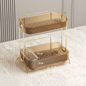 ( Sẵn ) Kệ Đựng Mỹ Phẩm Đồ Trang Điểm 2 Tầng Cao Cấp Có Viền Mạ Vàng Tặng Kèm Khay Đựng Trang Sức Phong Cách Châu Âu