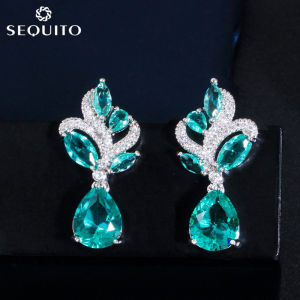 SEQUITO Elegant Multi Shape Crystal Green Leaf Drop Dangle Earrings Setting CZ Silver Plated Unique Design Jewellery SE398