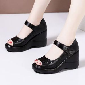 [Free Shipping] Soft Leather Soft Sole Wedge Sandals for Women 2026 Summer New Platform Thick Sole Peep-Toe Mom Sandals Hollow Out Shoes