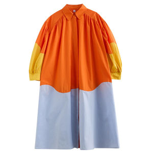 XITAO Contrast Color Patchwork Shirt Dress Loose Turn-down Collar Long Sleeve Dress LYD1529